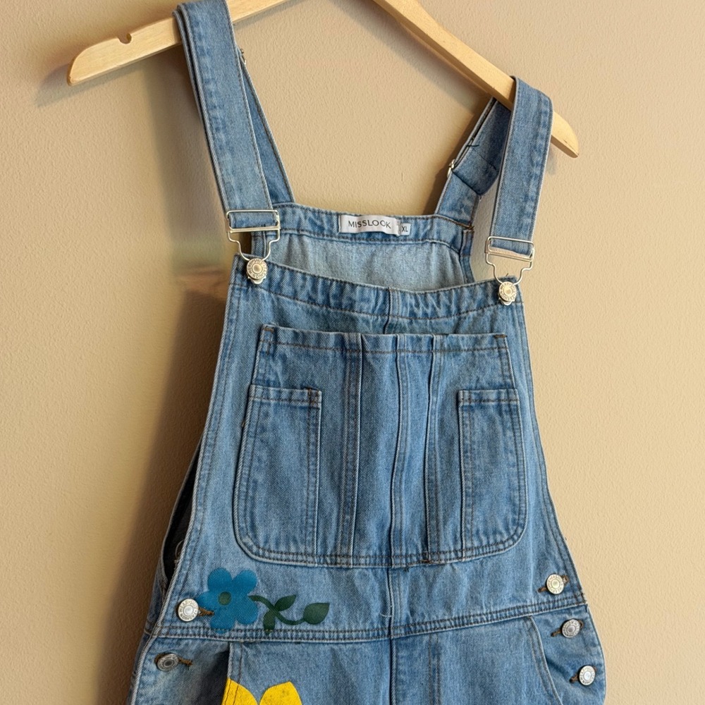 Floral Painted Denim Overalls Light Wash Boho Bib Jumpsuit Womens XL - Picture 3 of 10